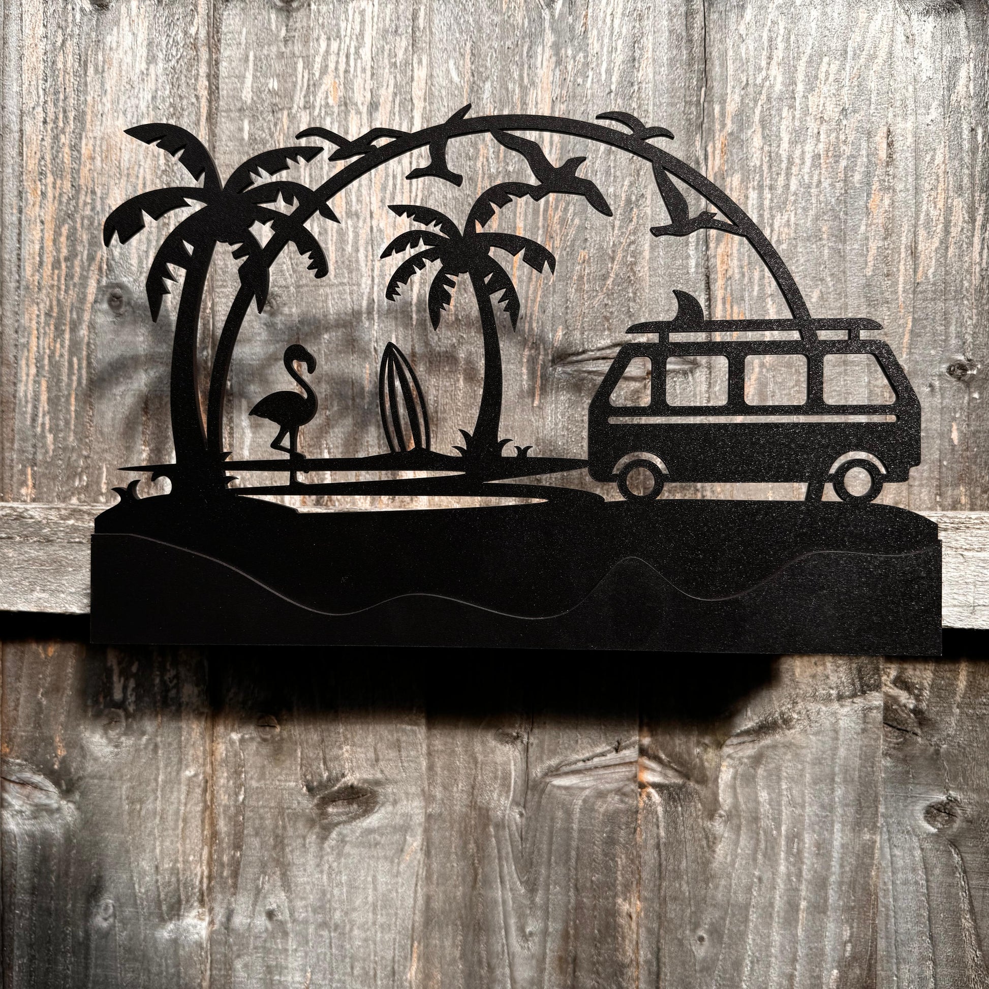 Wooden decorative wall sign in a stylish indoor hallway, mounted securely, blending natural textures with modern black tones for interior décor.