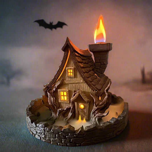 Halloween-themed candle with house and bat design against a misty background