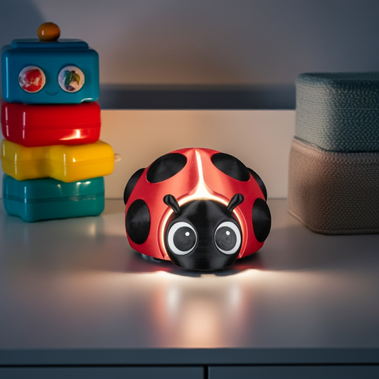 Red and black ladybug-shaped night light on a surface with colorful toys in the background.
