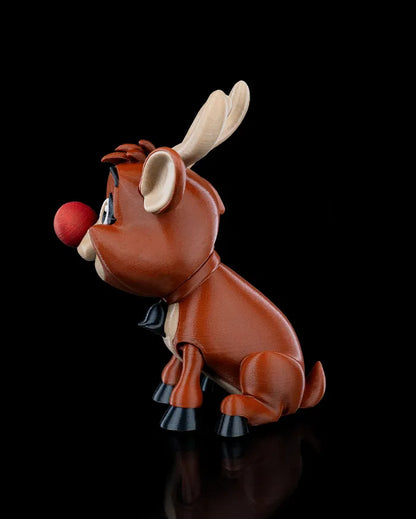 Eco-friendly 3D printed Rudy the Red-Nose reindeer on display.