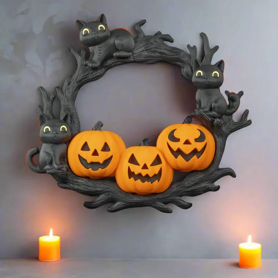 Halloween wreath with black cats and jack-o'-lanterns on a black background