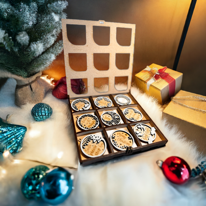 A wooden ornament engraved with "Season’s Greetings" and holly design.