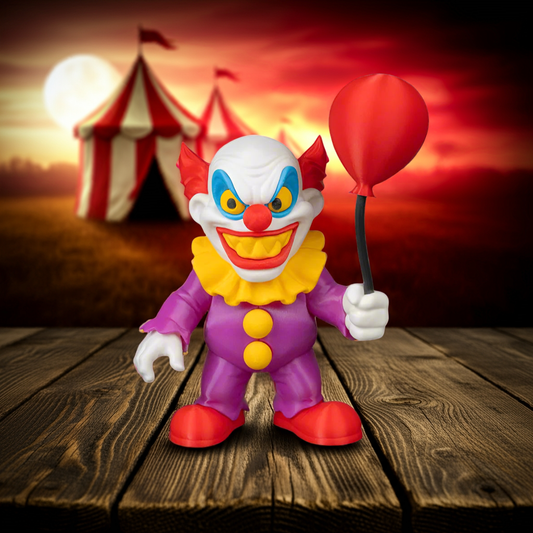 Colorful clown figurine holding a red balloon against a circus tent backdrop