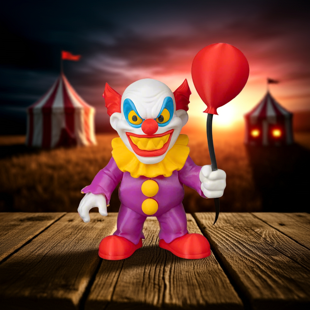 Colorful clown figurine with a red balloon against a circus tent backdrop