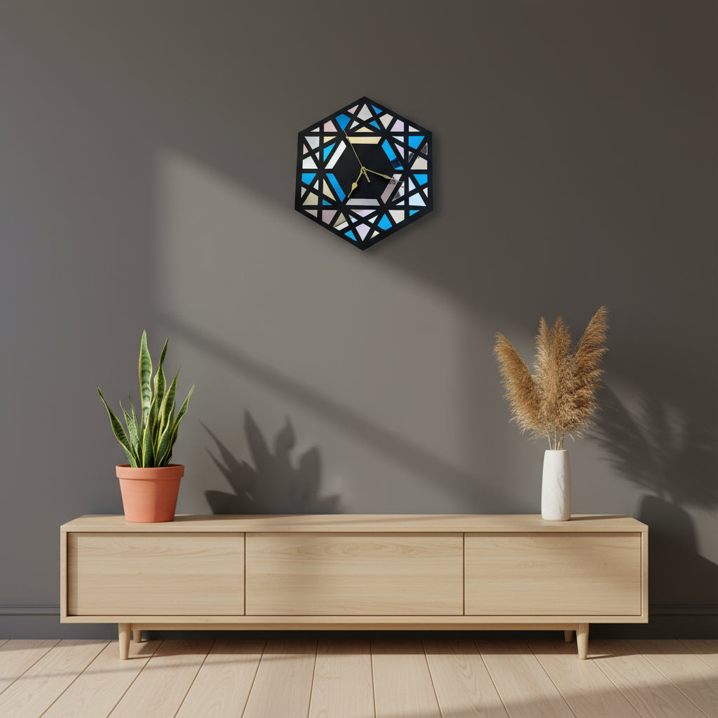 Geometric wall clock with colorful triangles on a teal background