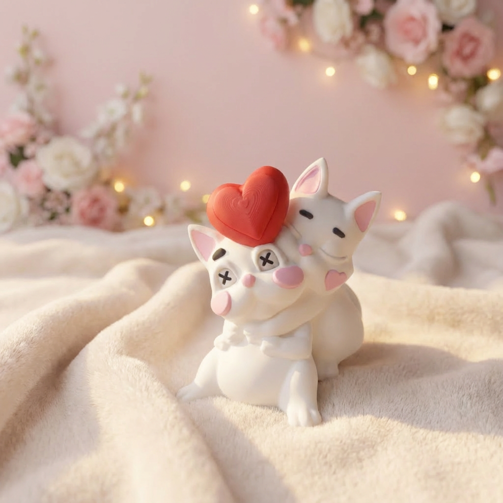 Two cartoon-style pig figurines with a red heart on a soft surface with flowers and lights in the background.