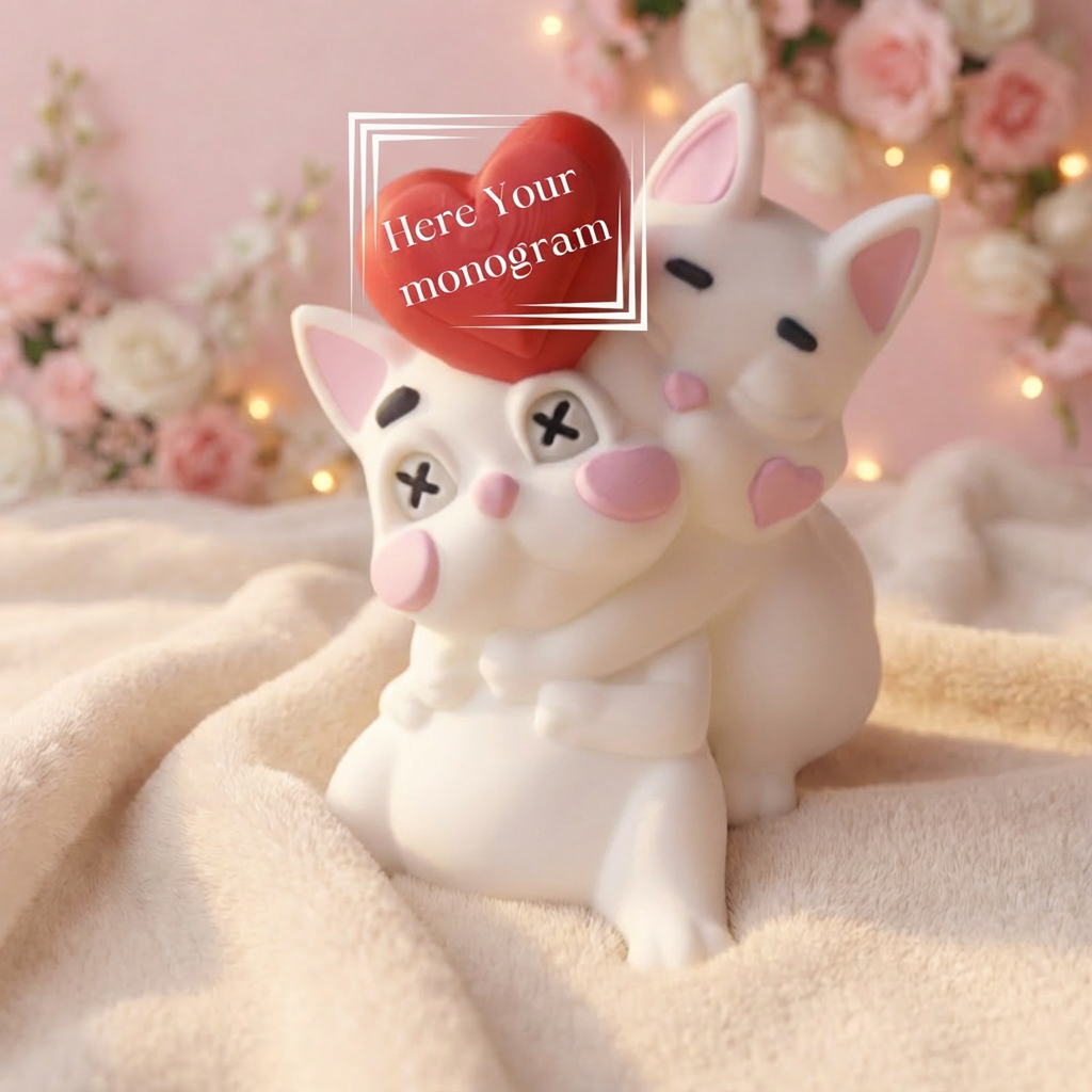 Two white dog figurines with pink hearts on a soft surface with floral background