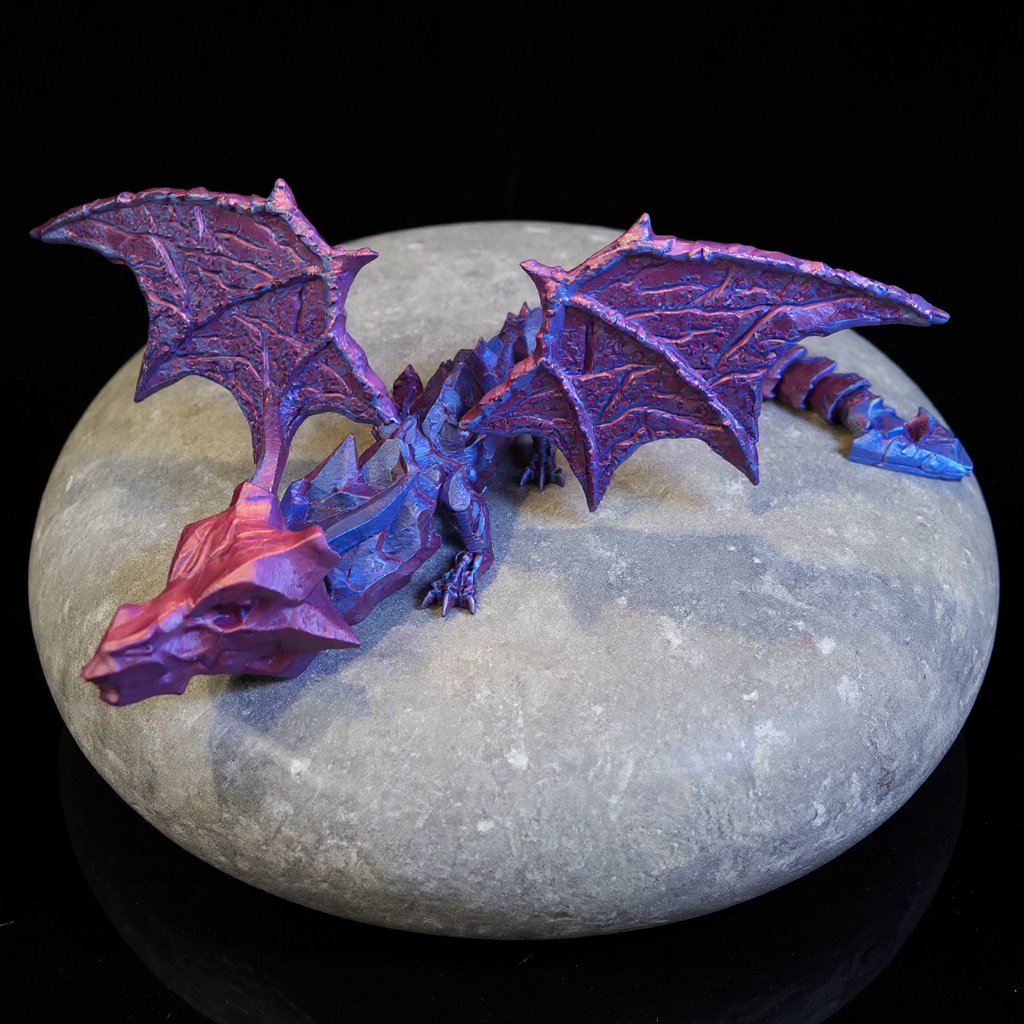 Purple dragon figurine on a gray stone surface with a black background
