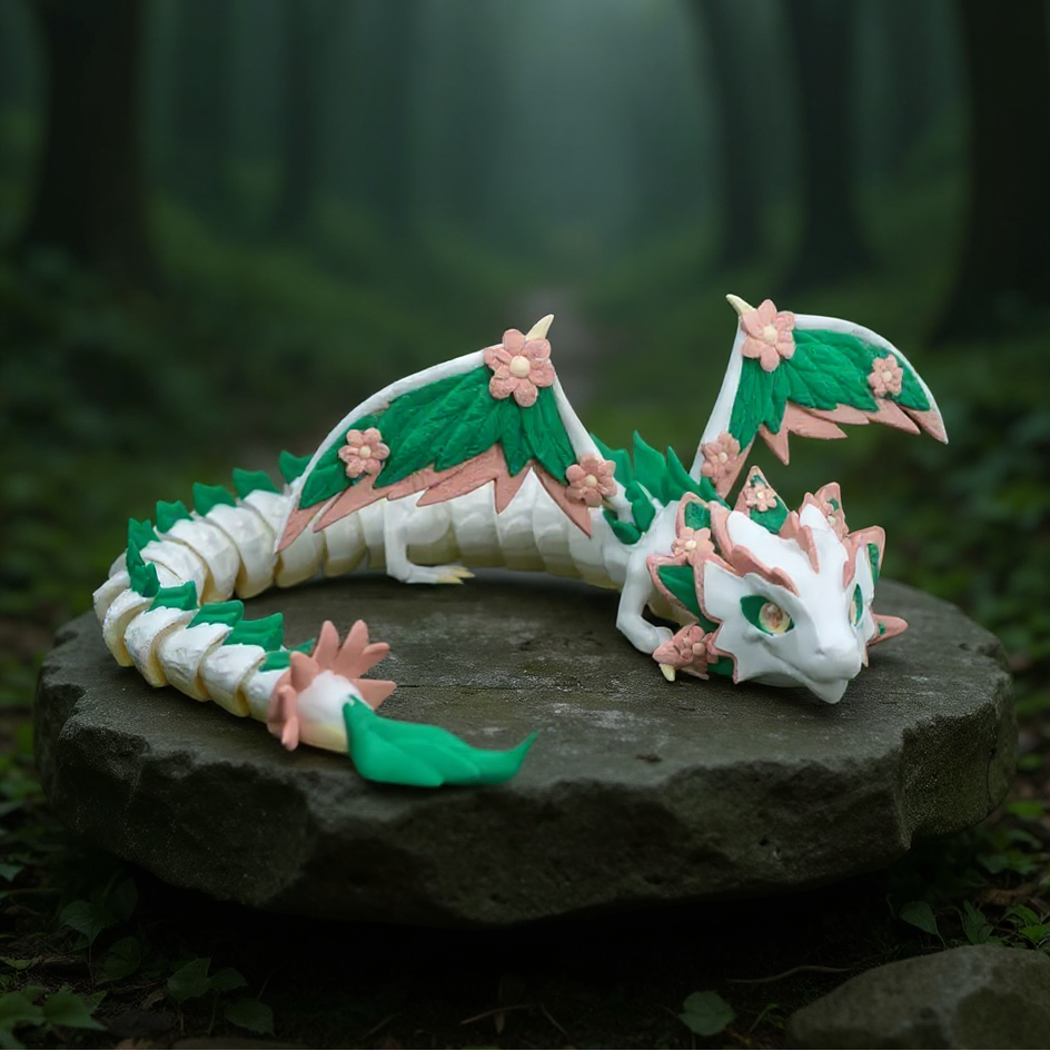 Toy dragon figure on a stone platform with a forest background
