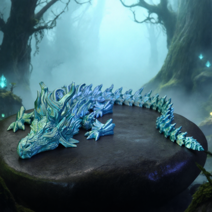 Blue dragon sculpture on a dark stone platform with a mystical forest background