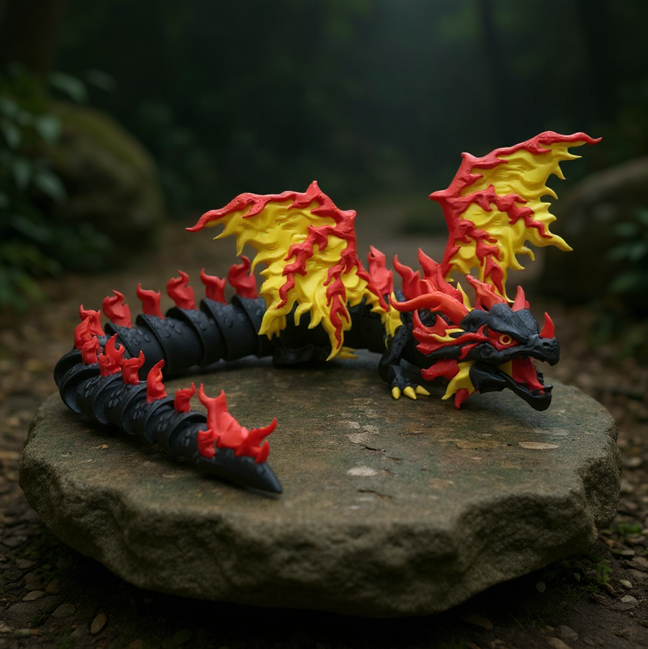 Toy dragon with red and yellow flames on a stone surface with a forest background