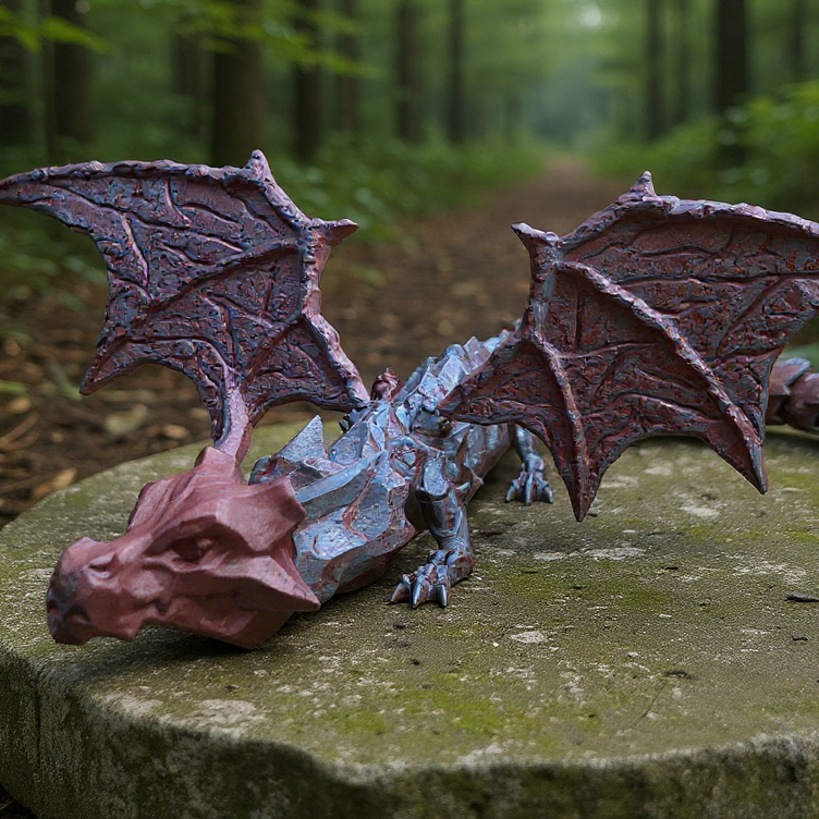 Dragon figurine on a stone in a forest setting