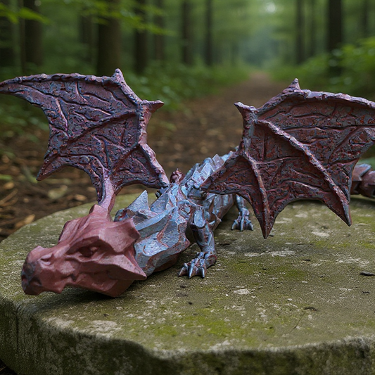 Dragon figurine on a stone in a forest setting