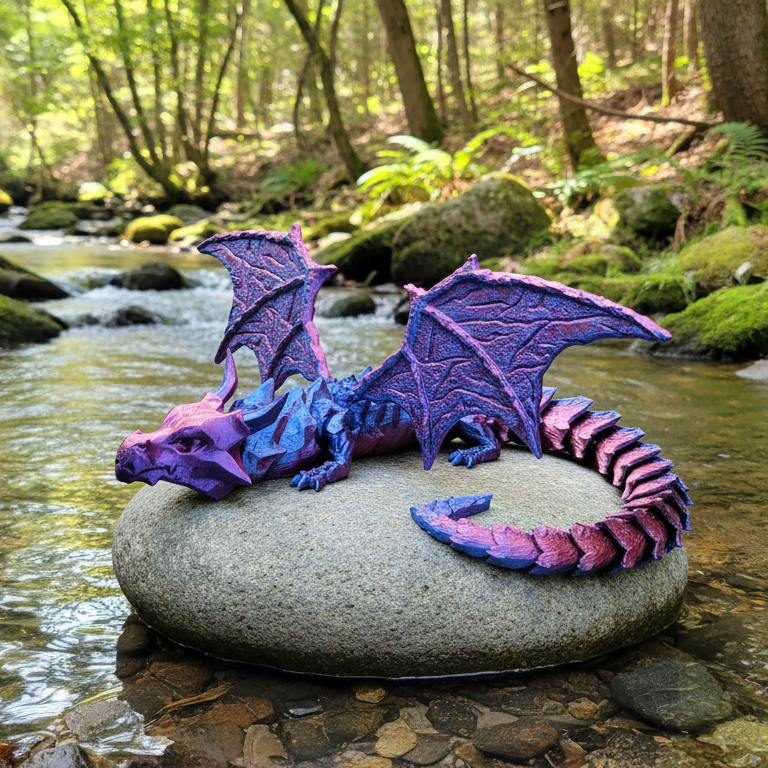 Colorful dragon figurine on a rock in a forest stream