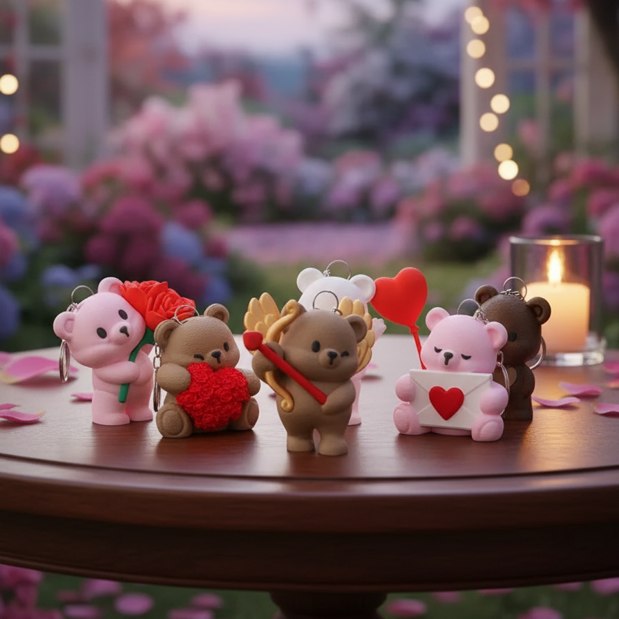 Small animal figurines with heart-themed accessories on a wooden table with a blurred floral background.