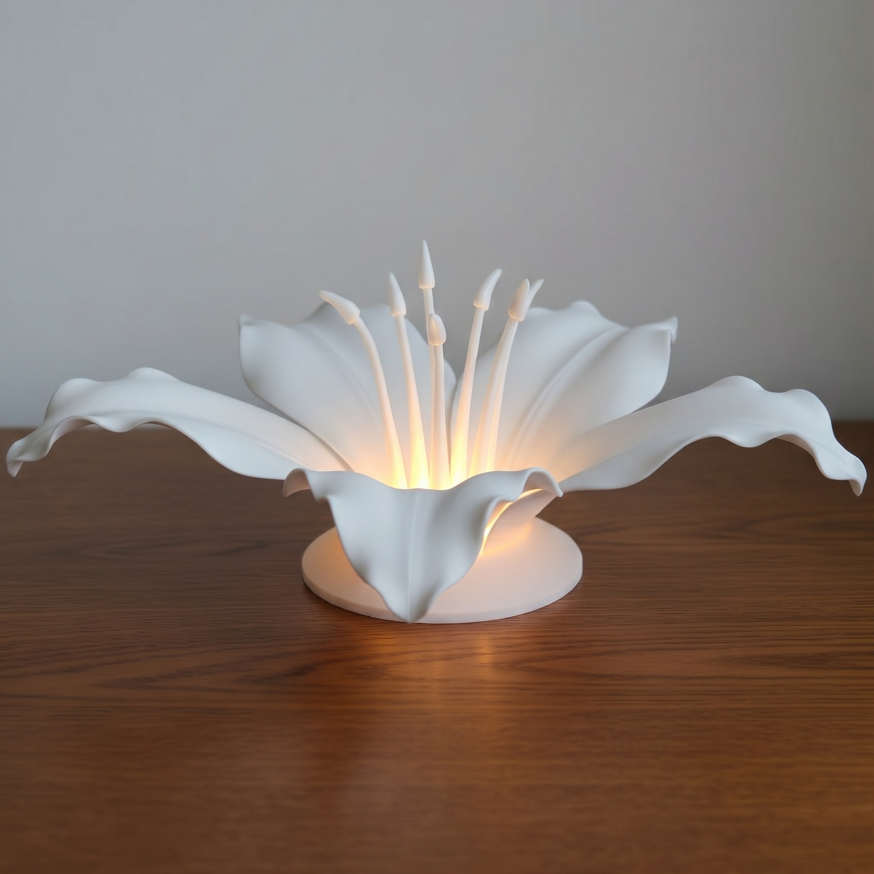 White flower-shaped lamp on a wooden surface with a plain background