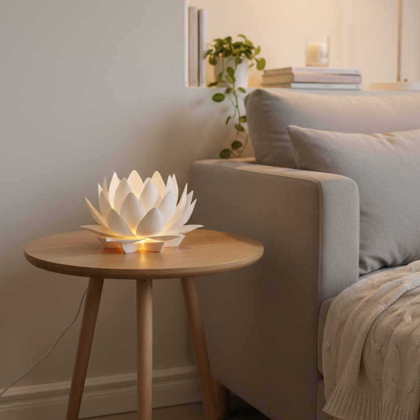 White lotus-shaped candle holder on a wooden surface with a plain background