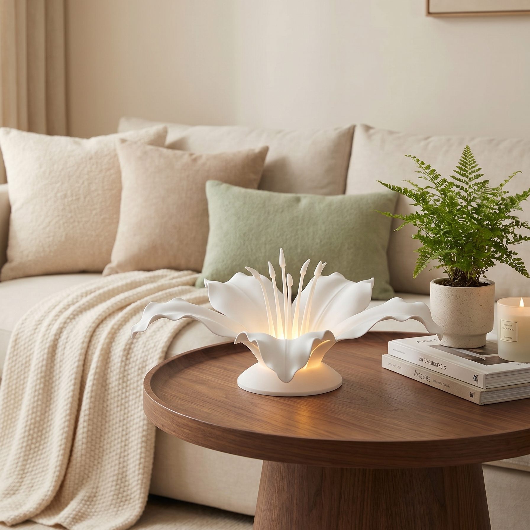 Living room with a beige sofa, wooden coffee table, and decorative items.
