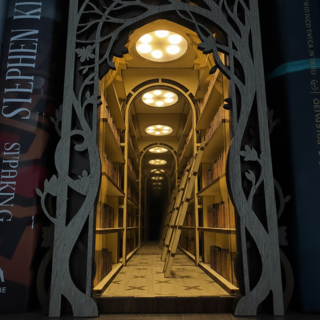 Library hallway with decorative archway, books on sides