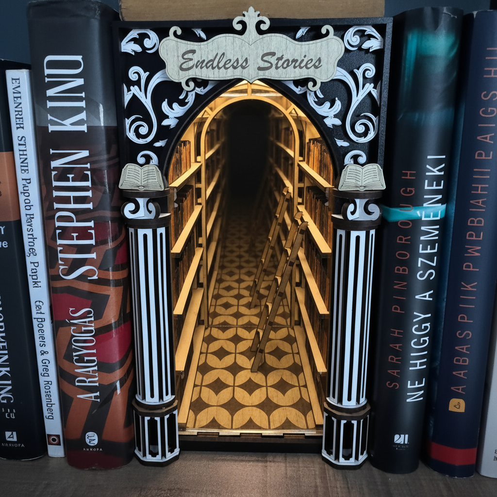Book-shaped display with 'Endless Stories' design, books on either side