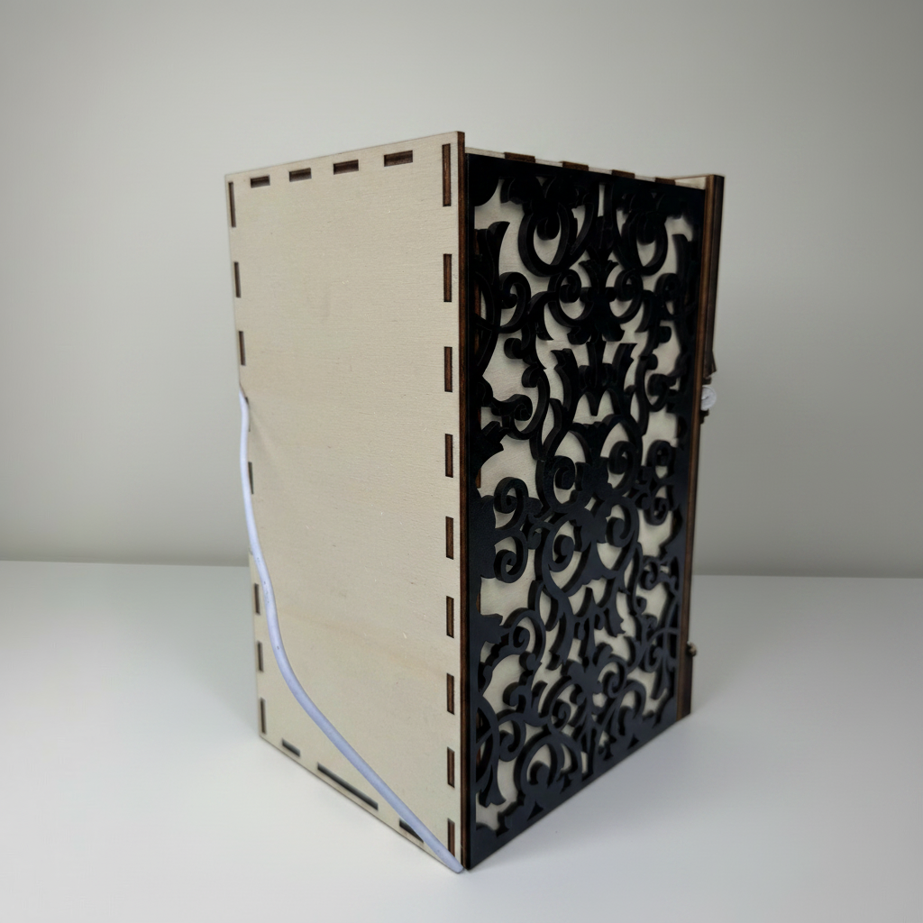 Wooden bookend with decorative black pattern on a white background