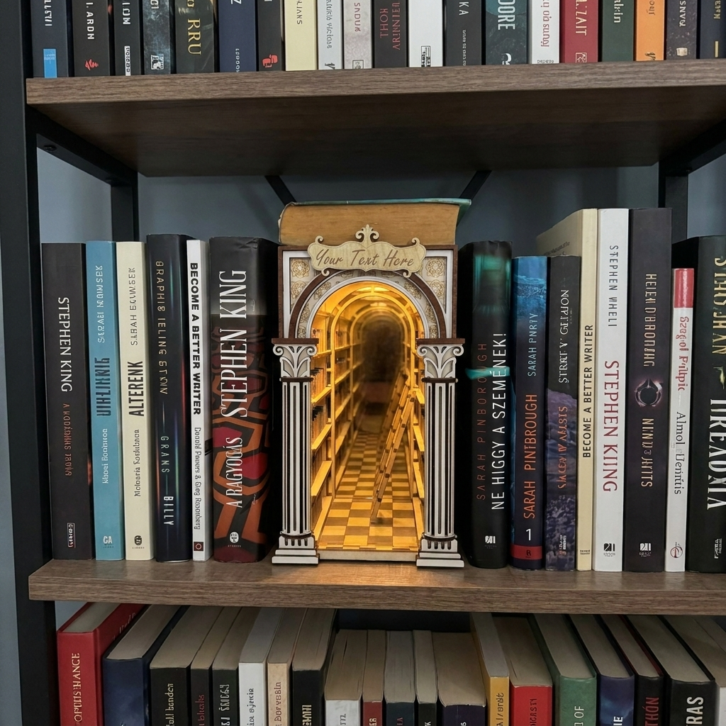 A decorative bookend shaped like a glowing library aisle with classical columns and the text 'You Will Find' sits on a wooden bookshelf between rows of books.