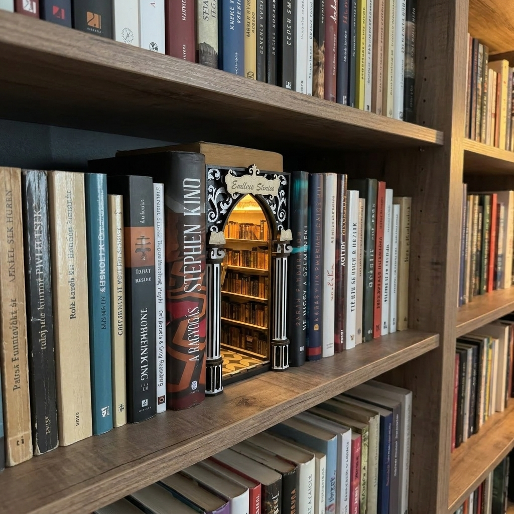 A decorative miniature bookshelf figurine with a glowing arched doorway and rows of tiny books, displayed on a wooden bookshelf among real books.