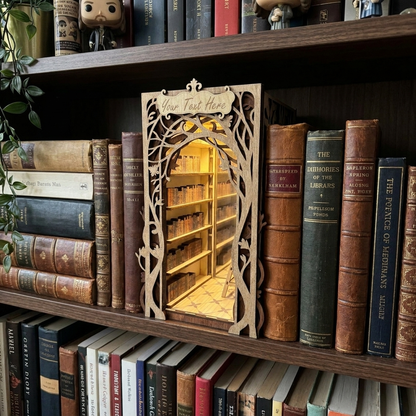 A decorative wooden bookshelf mirror with an intricate tree branch frame and the words 'You Will Find Her' at the top, reflecting a warm glowing library scene. It is styled on a dark wood bookshelf surrounded by vintage books.