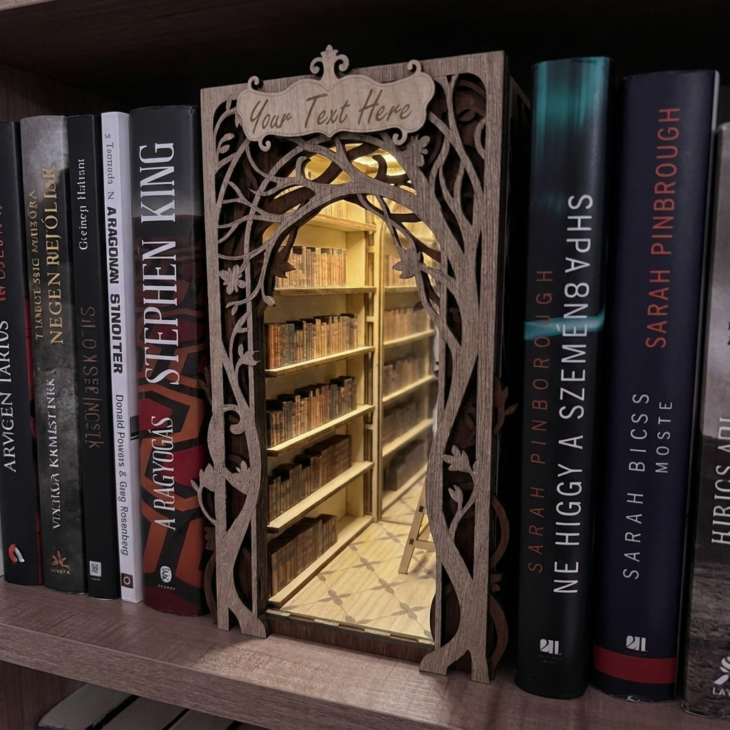 A wooden bookshelf bookend shaped like an ornate arched library door with a miniature bookshelf scene inside, displayed on a wooden bookshelf between real books. The top has a customizable text plaque reading 'Your Text Here'.