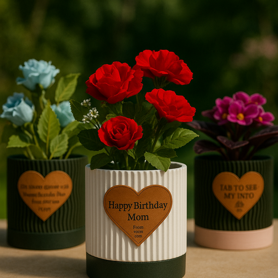 ultiple engraved pots displayed on a shelf with varied messages
An arrangement of several personalized flowerpots on a wooden shelf, each engraved with different heartfelt messages such as “Thank You,” “Grow Together,” and “Love Blooms Here.” The variety showcases the customization options and makes the display visually appealing, ideal for group gifting or themed home decor.