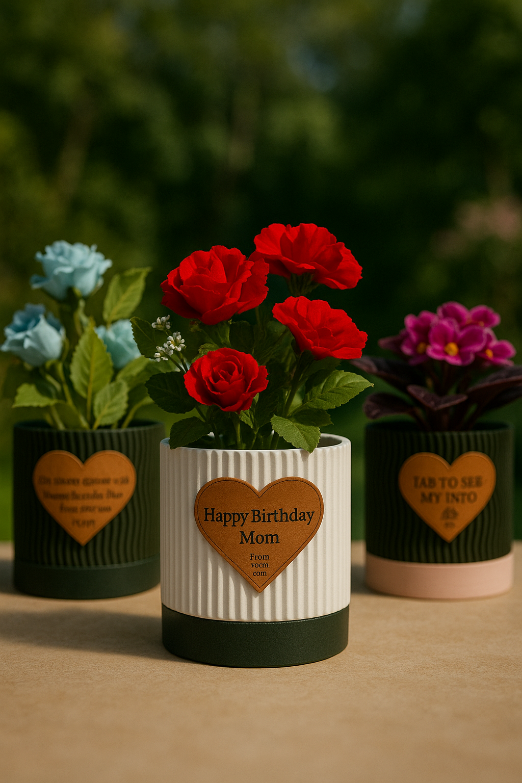 ultiple engraved pots displayed on a shelf with varied messages
An arrangement of several personalized flowerpots on a wooden shelf, each engraved with different heartfelt messages such as “Thank You,” “Grow Together,” and “Love Blooms Here.” The variety showcases the customization options and makes the display visually appealing, ideal for group gifting or themed home decor.
