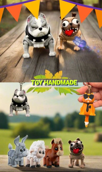 Farm animal keychains arranged in a loose circle on the floor and photographed from above. Each figure stands out with its own unique expression.