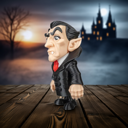 Vampire figurine on a wooden platform with a spooky castle and moonlit landscape in the background