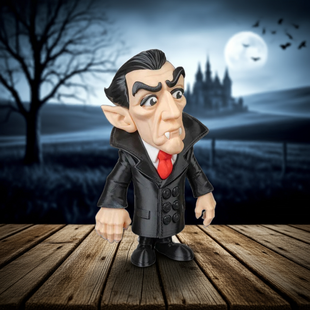 Vampire figurine on a wooden platform with a spooky background