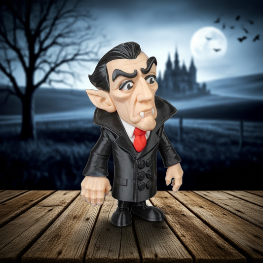 Vampire figurine on a wooden platform with a spooky background