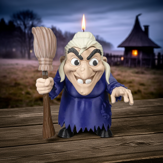 Animated character with a broom and candle on a wooden surface with a dark, outdoor background.