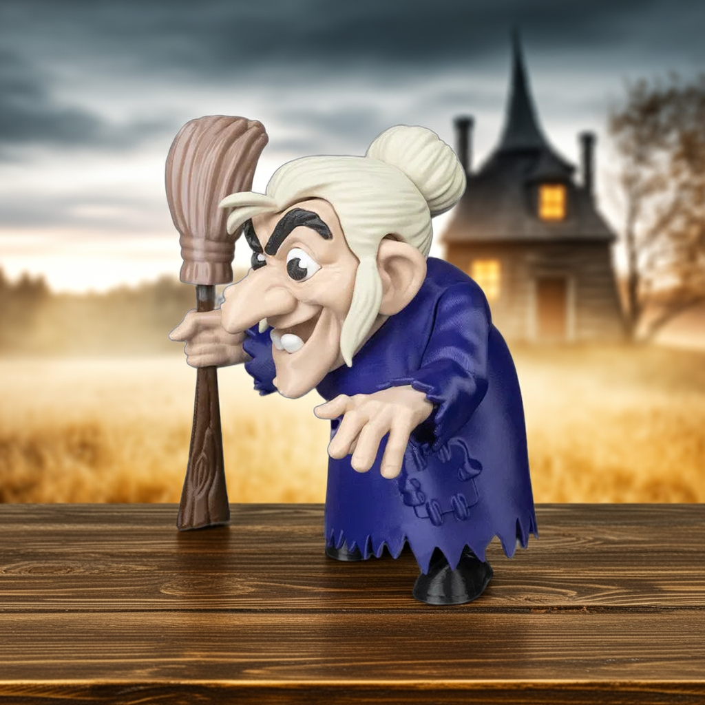 Cartoon-like character with a broom against a Halloween-themed background