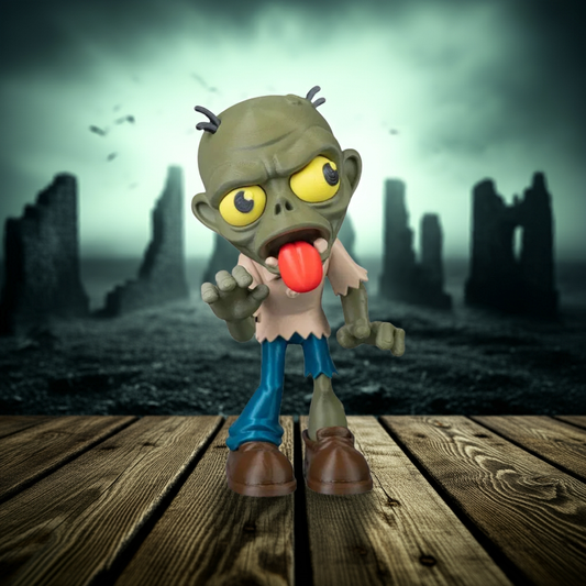 Toy figure of a zombie with a red tongue on a wooden platform with a dark, post-apocalyptic background.